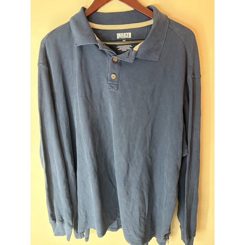 Duluth Trading Co Mens 2XL Long Sleeve Polo Shirt Blue Cotton Pique Workwear